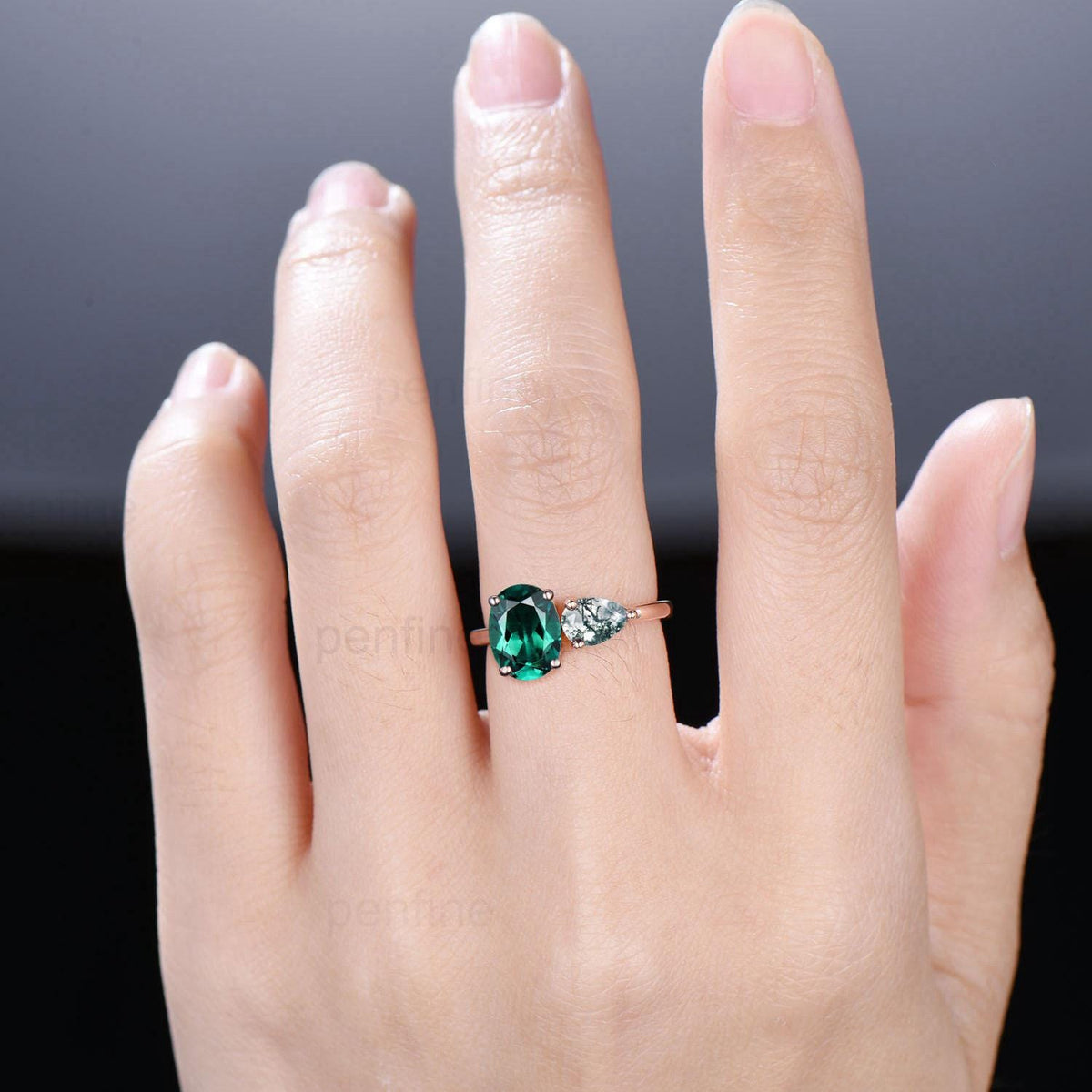 Two stone oval emerald and pear shaped moss agate engagement ring rose gold simple minimalist wedding ring anniversary bridal gifts for her