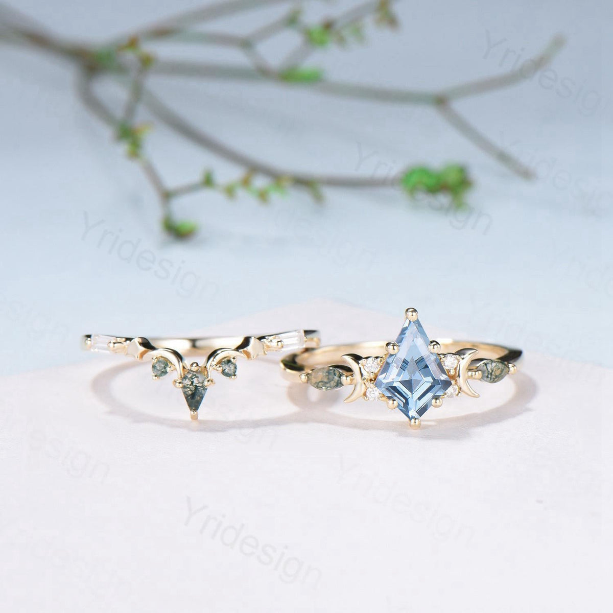Vintage Kite Cut Natural Aquamarine Engagement Ring Set Yellow Gold Moon Star Cluster Moss Agate Wedding Ring Elegant March Birthstone Ring
