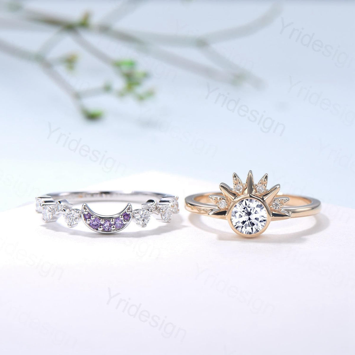 Unique 0.5 Carat Moissanite Ring Crescent Moon Moissanite Engagement Ring Set Sun And Moon Wedding Ring Art Deco Star Bridal Ring Set Women