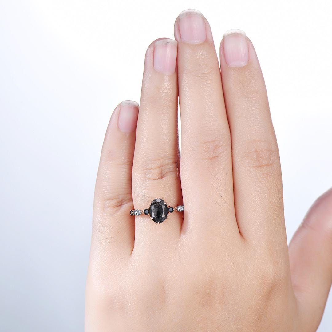 Unique oval cut salt and pepper diamond engagement ring black rutilated quartz spinel handmade promise ring anniversary gift for fiancée