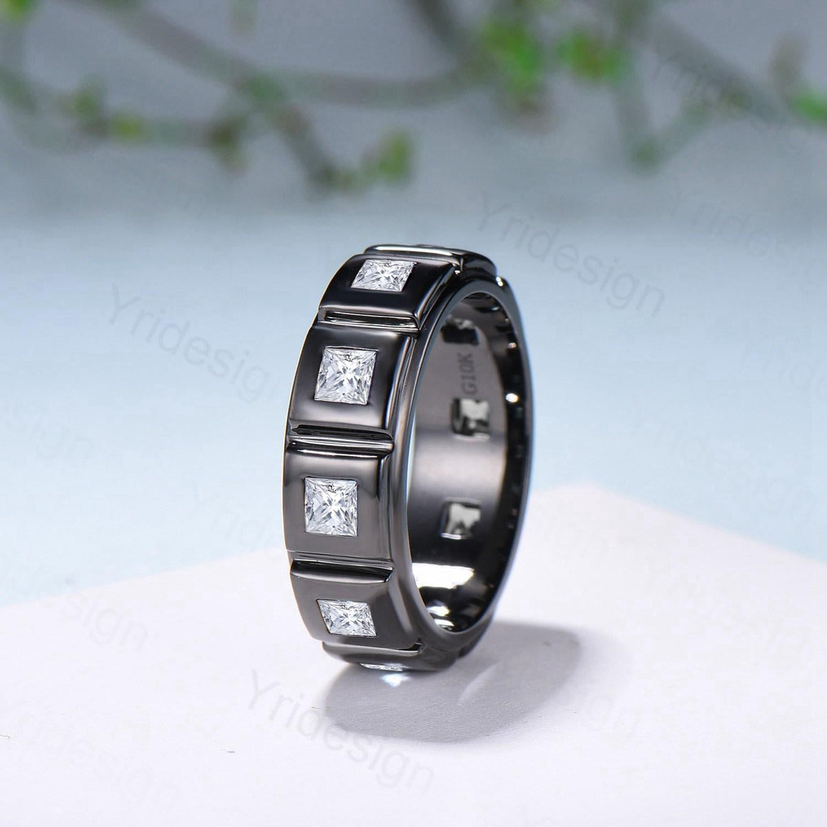 Black Gold Princess Moissanite Wedding Band For Men Unisex Frame Brushed Finish Men's Wedding Ring Anniversary Stacking Matching Band Gift