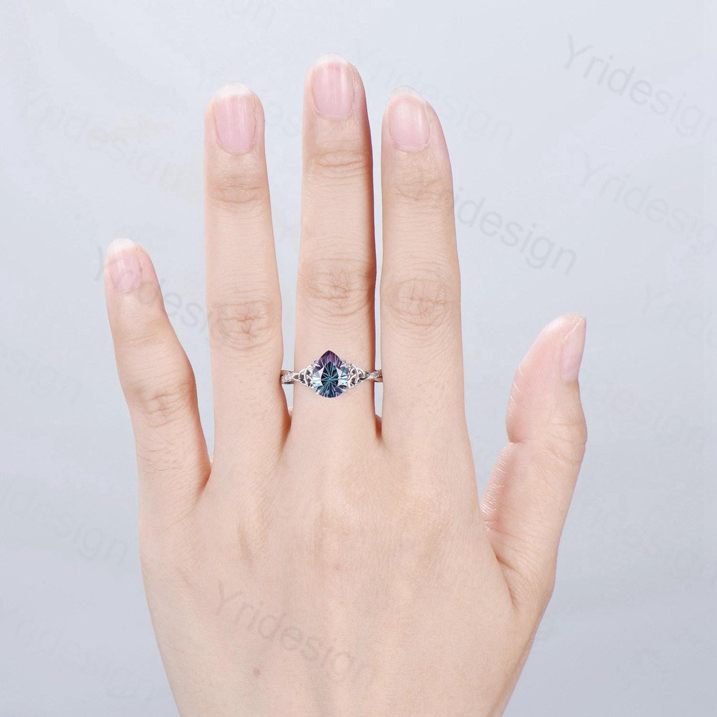 Pear Alexandrite Engagement Ring, Vintage Norse Opal Wedding Ring