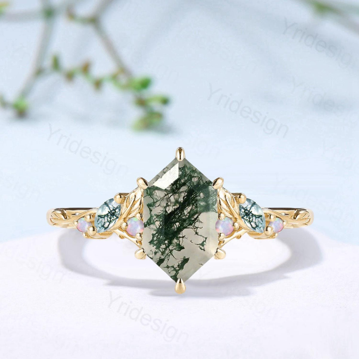 Vintage Moss Agate Engagement Ring, Marquise Wedding Ring, 14K Gold Leaf Vine