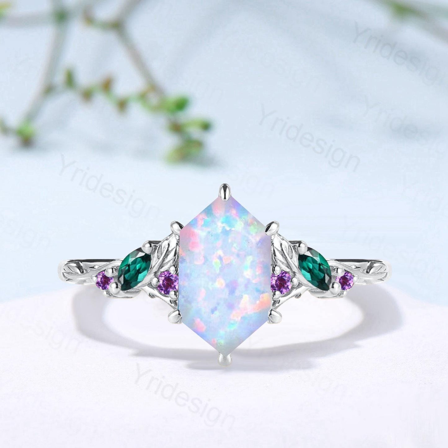 Vintage Fire Opal Engagement Ring, Marquise Emerald, Amethyst, 14K Rose Gold
