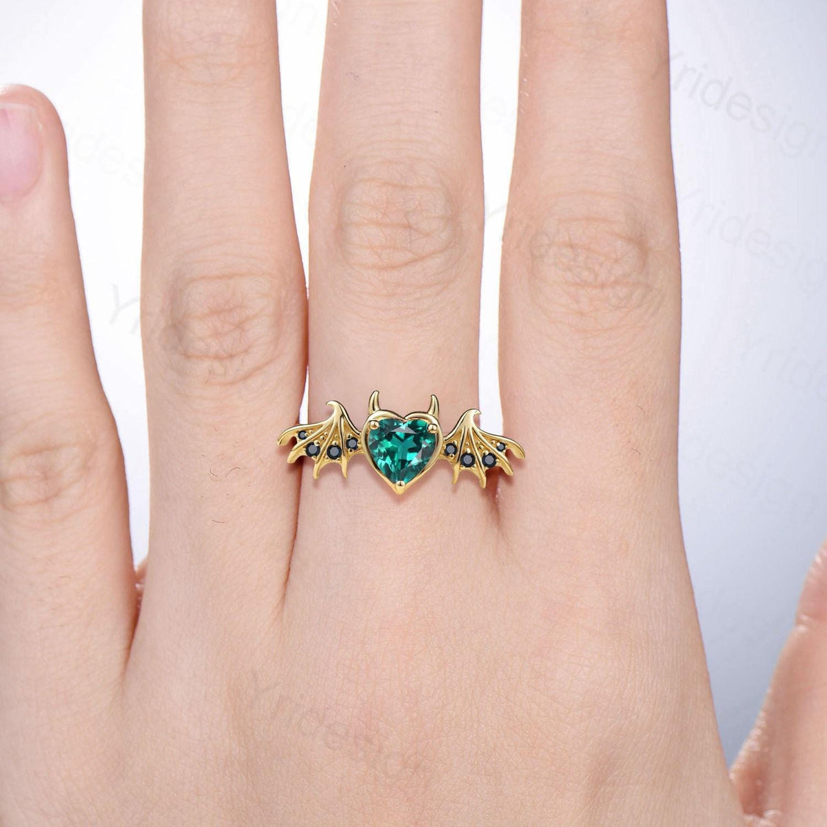 Heart Emerald Engagement Ring, Wing Black Spinel, Devil Promise Ring
