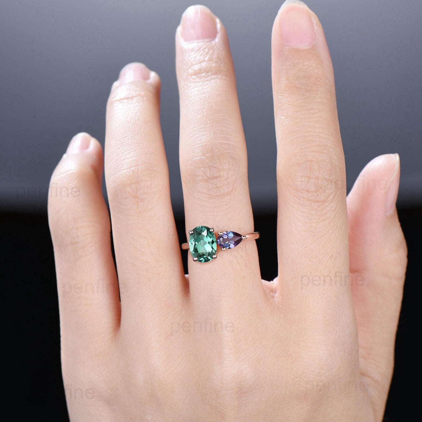 Minimalist Two stone oval green sapphire and pear shaped alexandrite engagement ring rose gold simple wedding ring anniversary bridal gifts