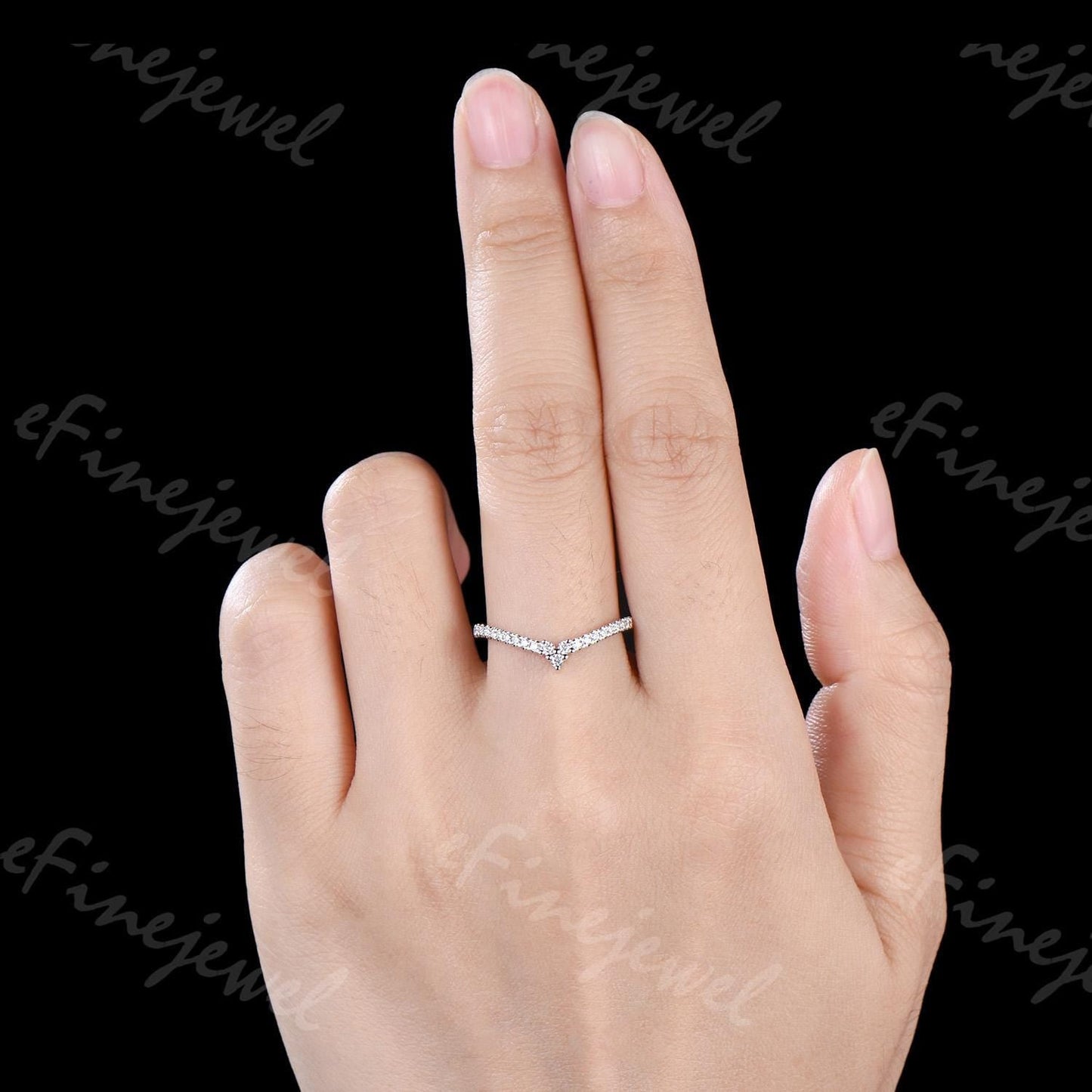 Handmade Diamond/Moissanite V Wedding Band, 14K White Gold Anniversary Ring