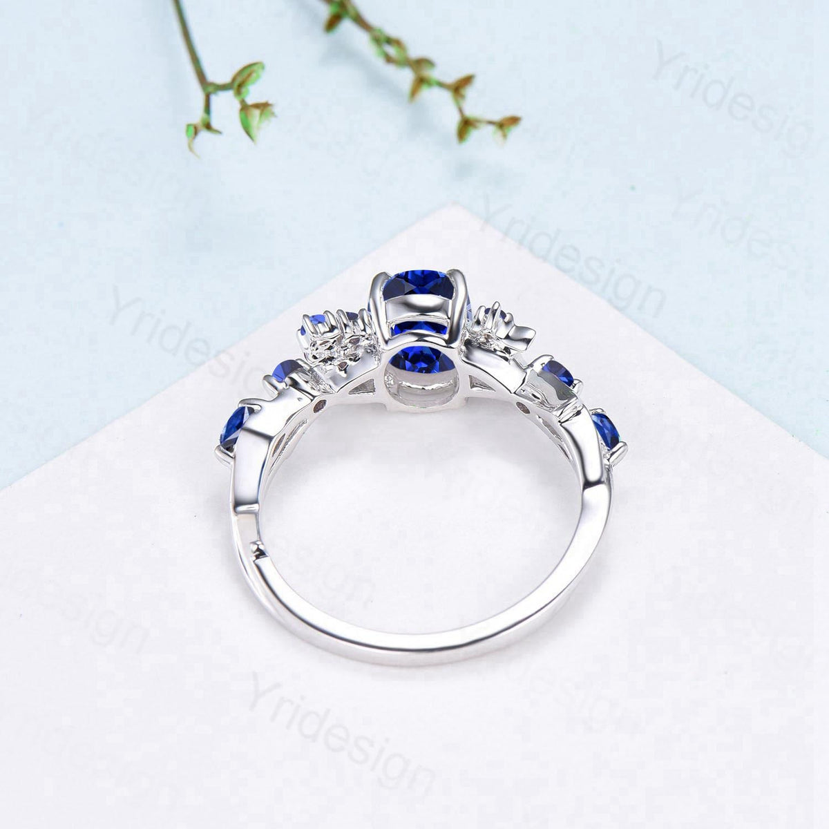 Unique 1.5CT Oval Cut Blue Sapphire Engagement Ring Vintage Moon Promise Ring Twig Branch Vine Cluster Wedding Ring Anniversary Gift Women