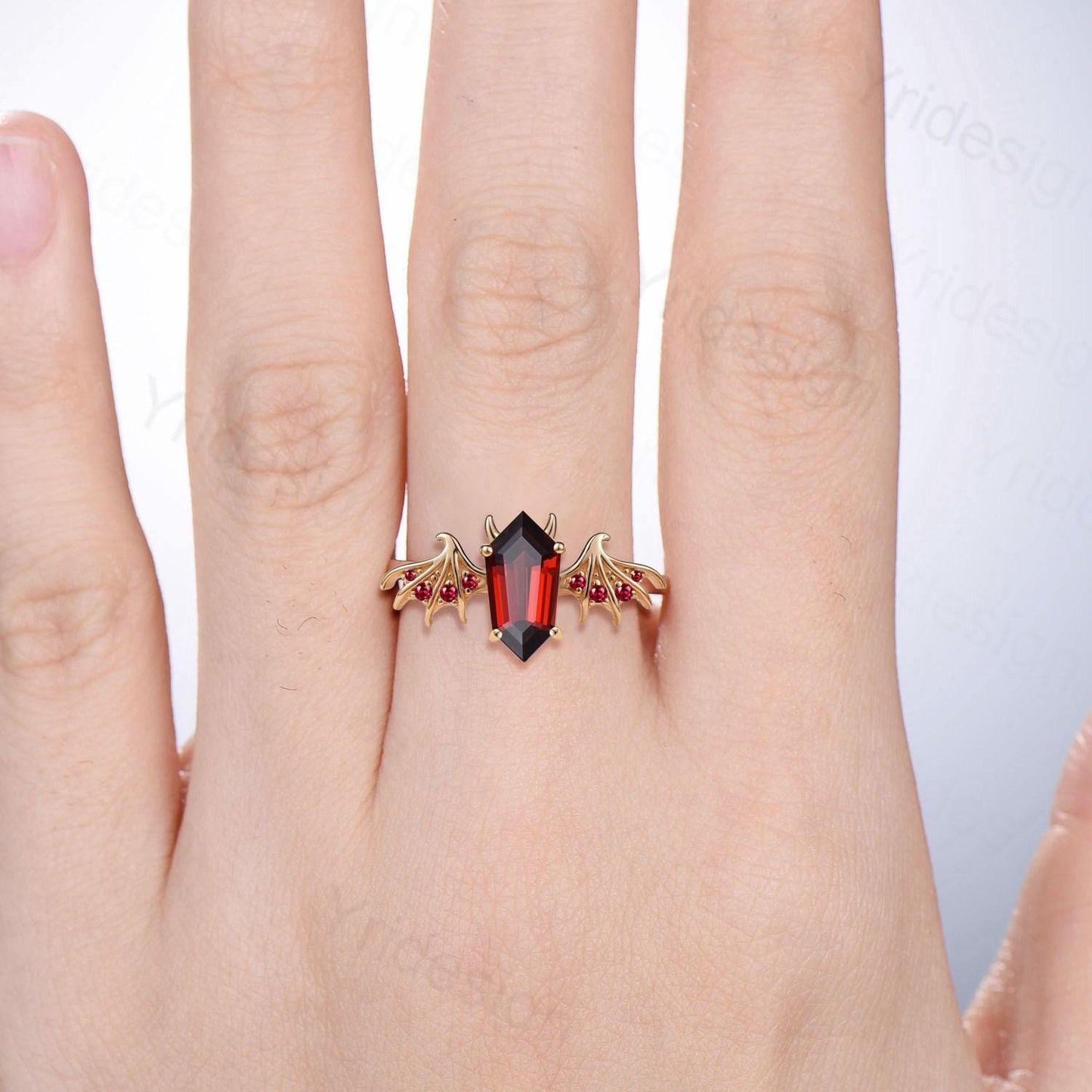 Gothic Bat Wing Garnet Ring, Shield Engagement Ring, Handmade