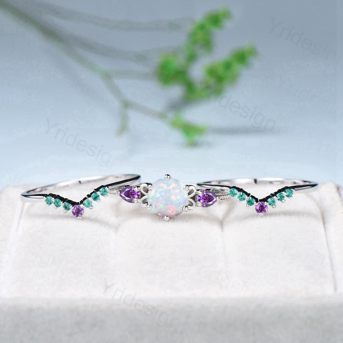 Vintage White Opal Engagement Ring Set, Pear Amethyst Emerald Accent, Milgrain 14K Gold