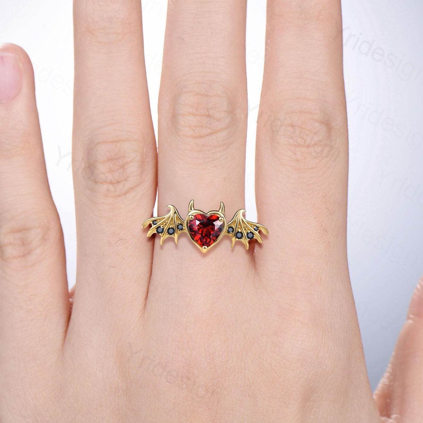 Heart Garnet Bat Wing Ring, Black Spinel Devil Engagement Ring