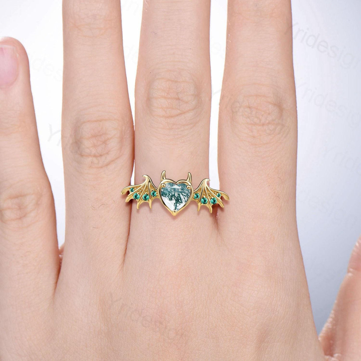 Heart Moss Agate Bat Ring, Lab Emerald Gold Fantasy Ring