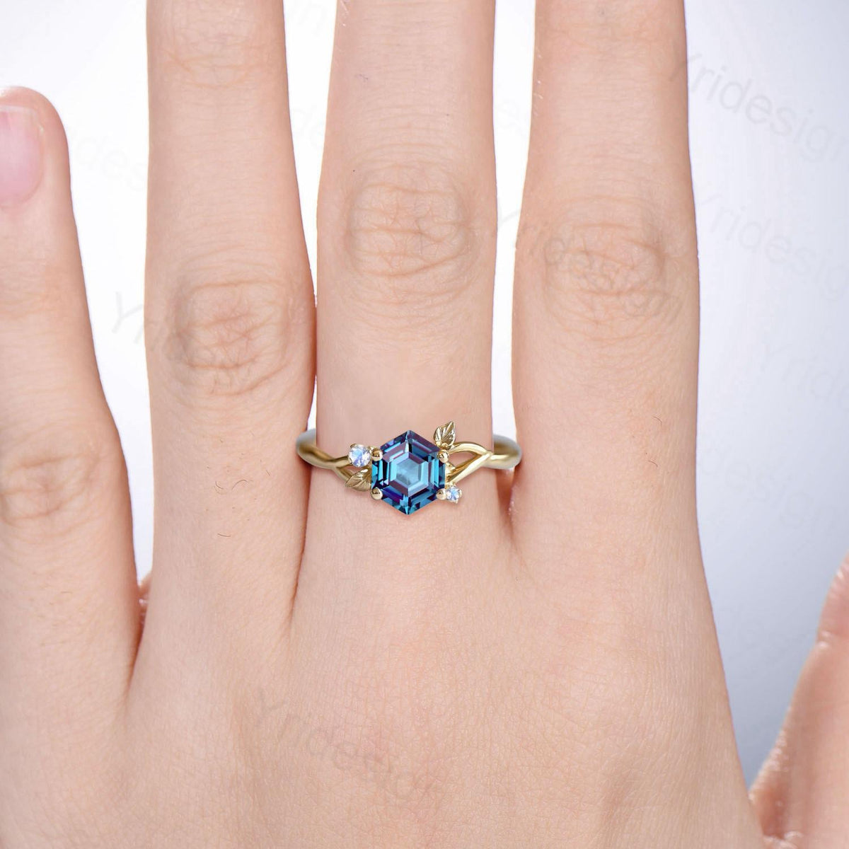 Hexagon Cut Alexandrite Engagement Ring, Nature Inspired Leaf Twig Gold Moonstone Ring