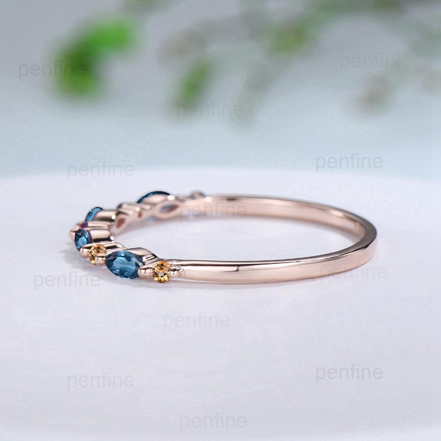 Rose Gold London Blue Topaz & Citrine Stacking Ring, Dainty Marquise Gemstone Eternity Band, Unique Art Deco Inspired Statement Jewelry
