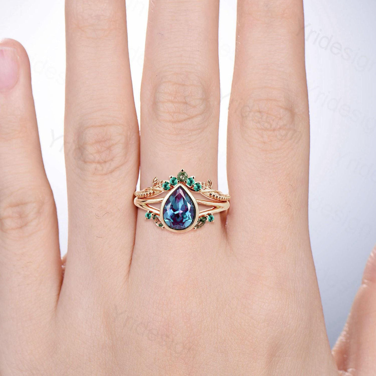Split Shank Pear Shaped Alexandrite Engagement Ring Set, Bezel Set, Marquise Cut Moss Agate and Emerald Cluster Ring, Gold Leaf Wedding Set