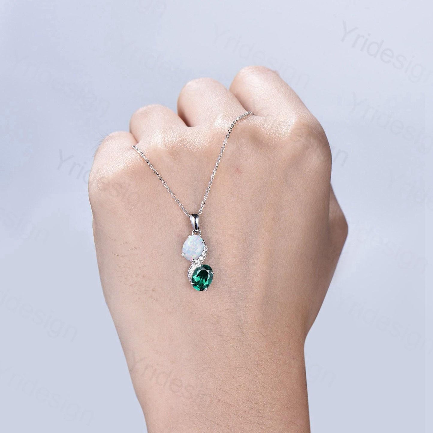Unique Oval Cut Opal Emerald Pendant Necklace, Moissanite Diamond Accent, 14K White Gold