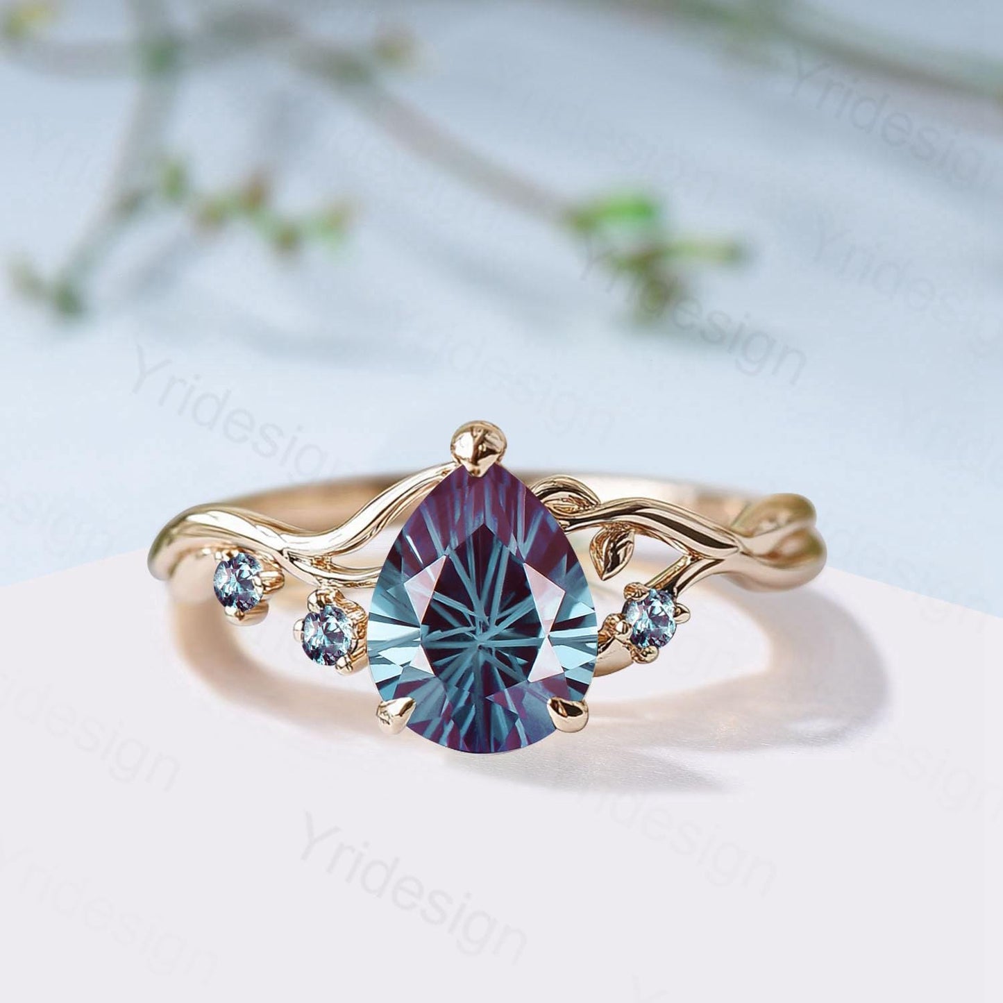 Unique Pear Shaped Firework Cut Alexandrite Engagement Ring, Nature Inspired Leaf Twig Gold Ring