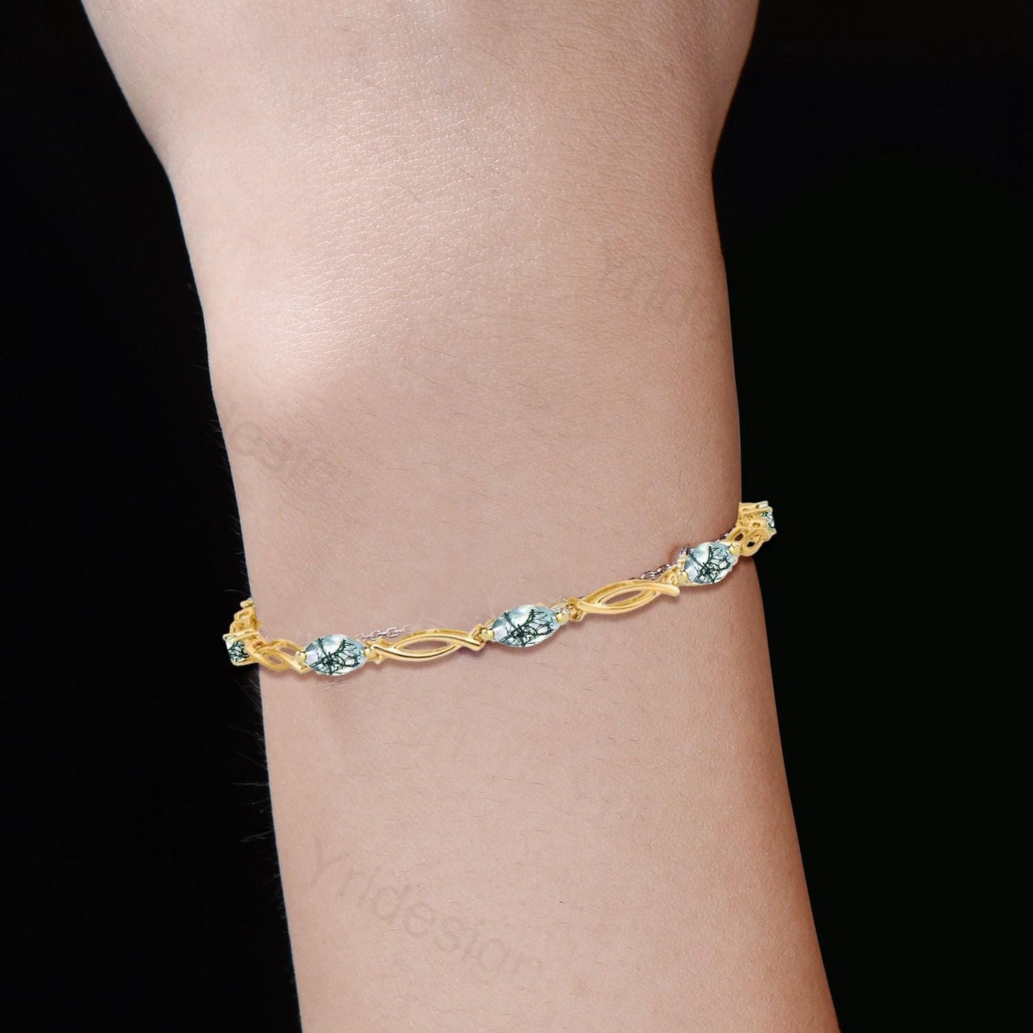 Enchanted Moss Agate Bracelet - Gold Twisted Vine Link Bracelet with Dendritic Gemstones, Nature-Inspired Boho Jewelry