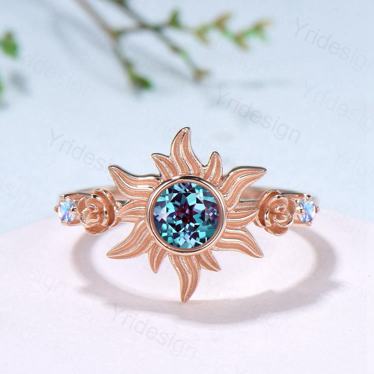 Rose Gold Sunflower Moonstone Engagement Ring & Tiny Alexandrite Accents | Celestial Flower Statement Ring for Women