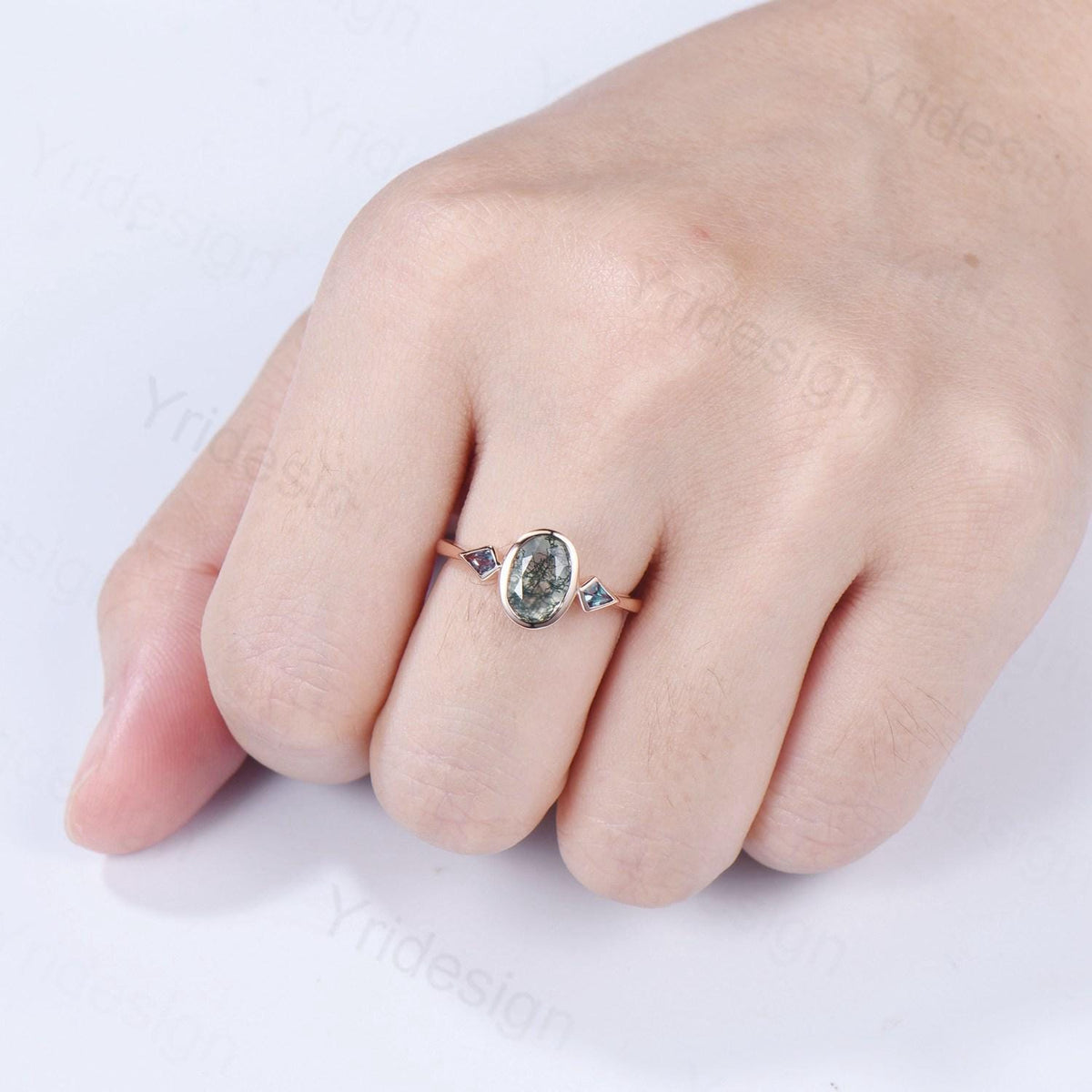 Oval Moss Agate Engagement Ring, Kite Alexandrite Accent, Bezel Set