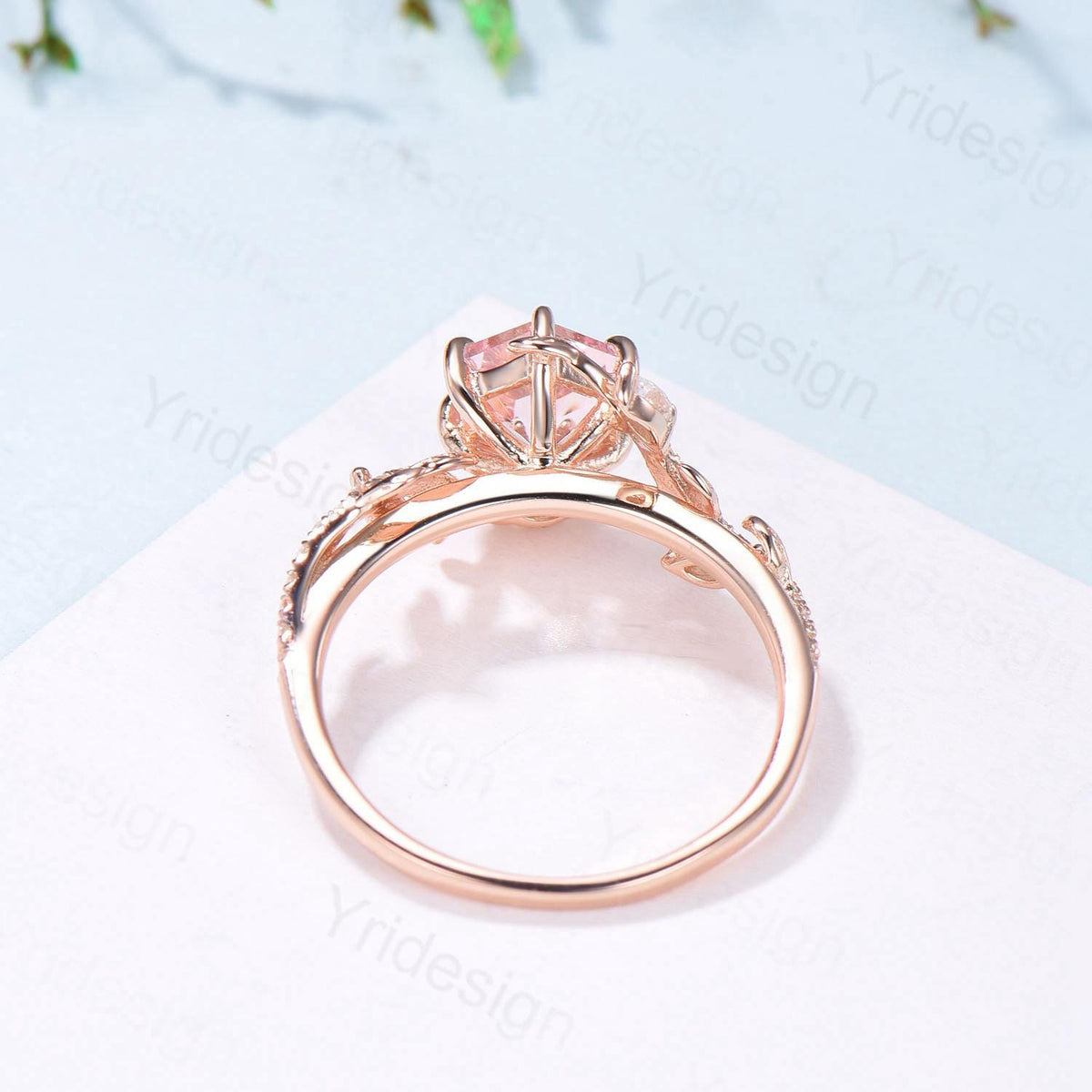 Leaf Vine Hexagon Cut Pink Sapphire Engagement Ring, Twig Branch Nature Inspired Pink Gemstone Rose Gold Promise Ring
