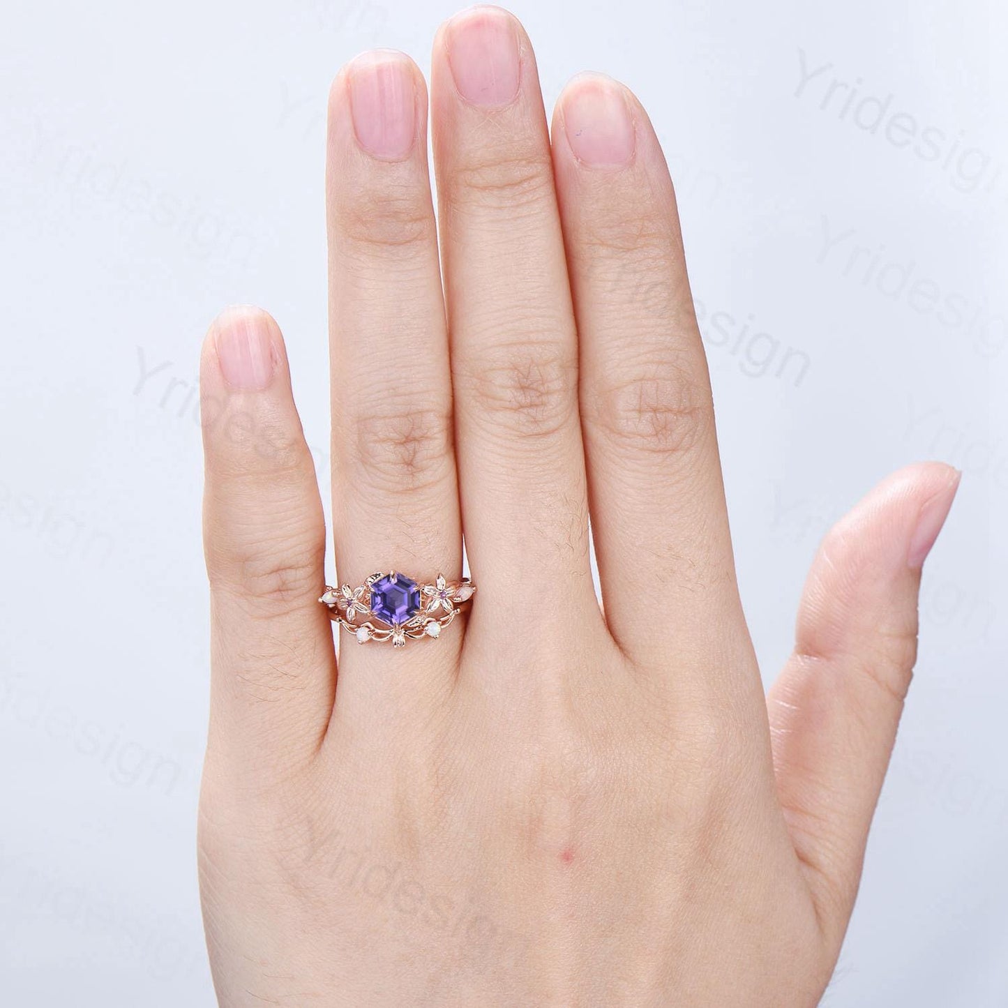 Enchanted Purple Sapphire Ring with Opal Accents | Rose Gold Floral Vine Wrap Design | Unique Sep Birthstone Statement Ring for Her