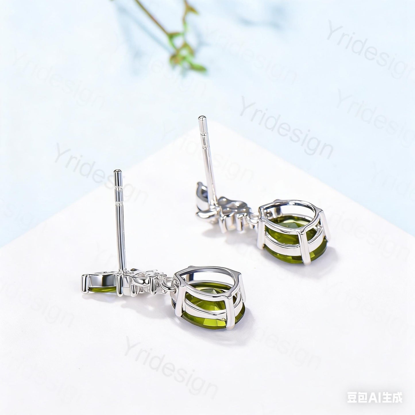 Vintage Pear Shaped Peridot Earrings, Leaf Vine Studs, Silver White Gold Nature Inspired Opal Earrings for Women