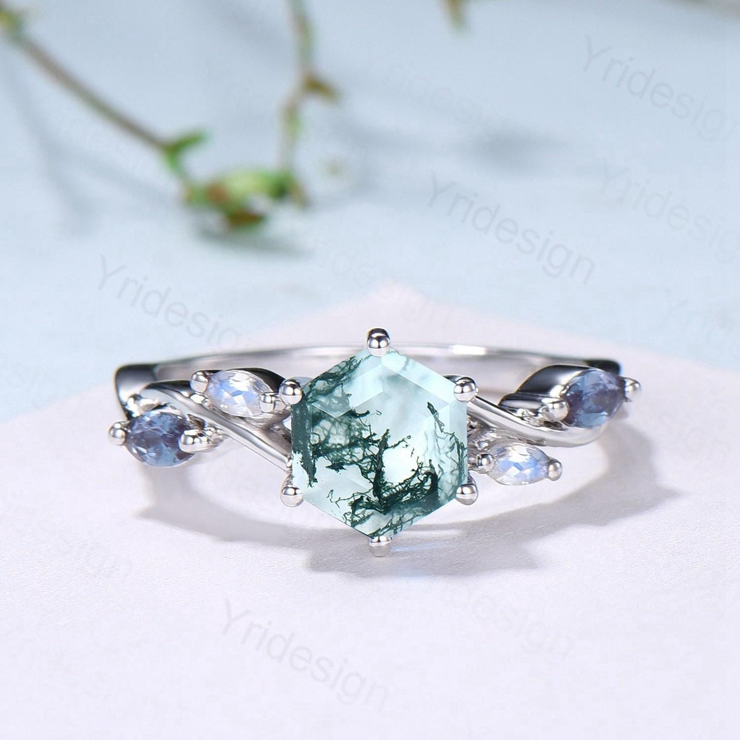 Hexagon Moss Agate Engagement Ring Set, Alexandrite, Moonstone, Emerald Band