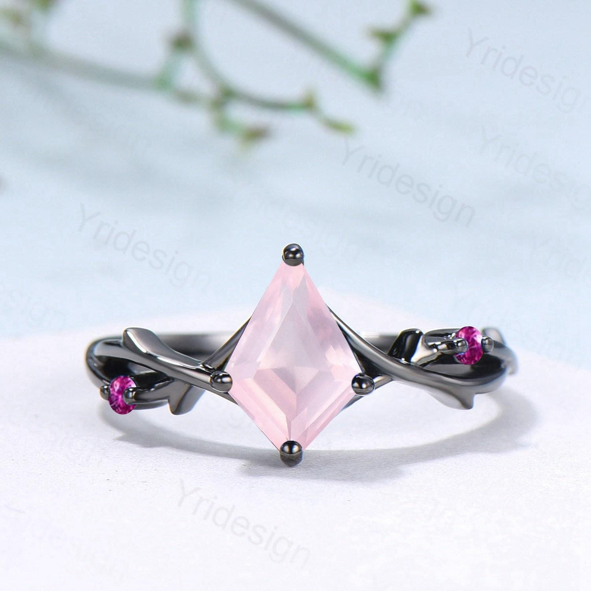 Art Deco Kite Cut Rose Quartz Engagement Ring Set, Black Gold Cluster Pink Touramaline Bridal Wedding Set Branch Leaf Vine Anniverry Ring