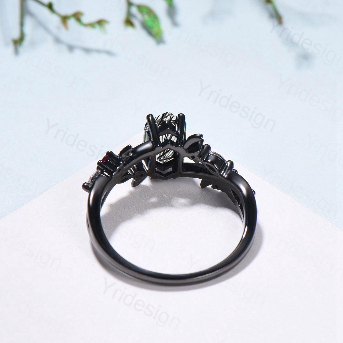Art Deco Long Hexagon Cut Black Rutilated Quartz Engagement Ring Black Gold Gothic Engagement Ring Leaf Vine Black Spinel Moissanite Band