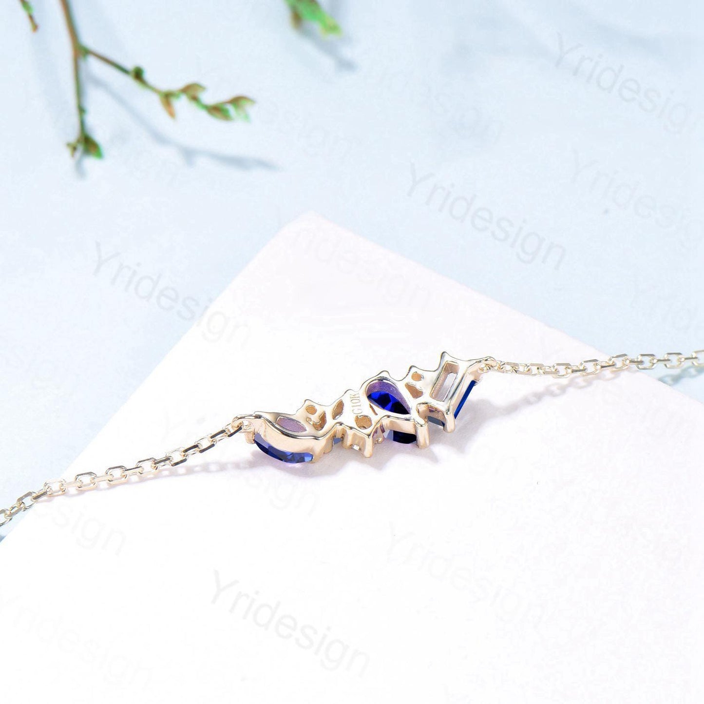 Dainty Pear Shaped Sapphire Bracelet Multi-Stone Baguette Blue Gemstone Lobster Claw Bracelet Silver Gold Art Deco Anniversary Promise Gift