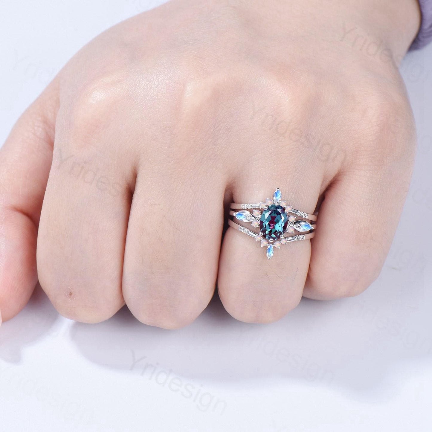 Vintage Oval Cut Alexandrite Engagement Ring Set, Marquise Moonstone Opal Seven Stone Wedding Set, Enhancer Stacking Band, June Birhtstone
