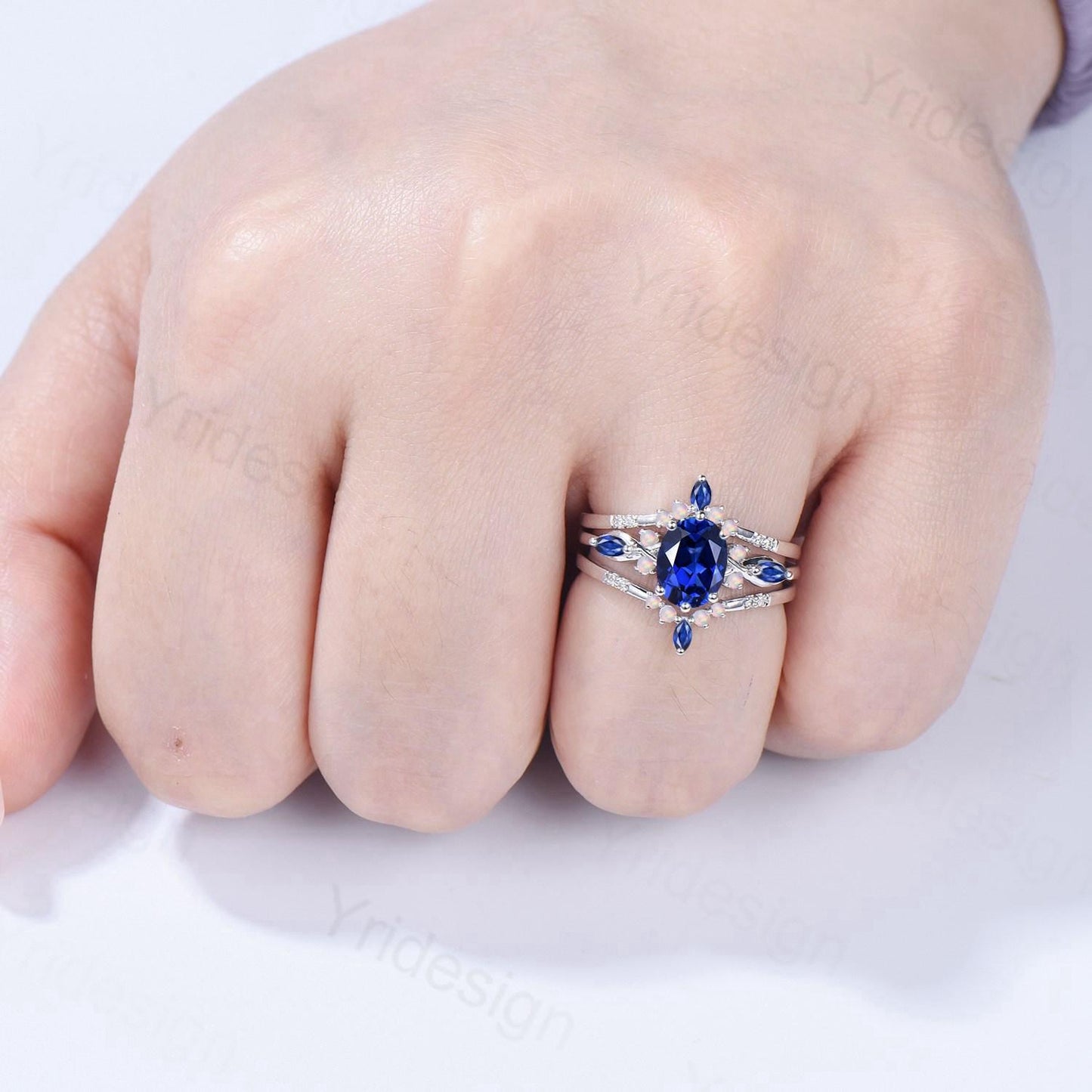 Vintage Oval Cut Sapphire Engagement Ring Set, Marquise Blue Sapphire Opal Seven Stone Wedding Set, Enhancer Stacking Band, Sep Birhtstone