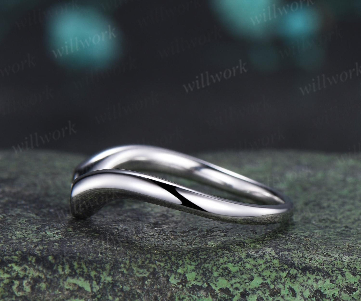 Open gap bezel pear green sapphire wedding band solid 14k white gold stacking bridal ring women silver