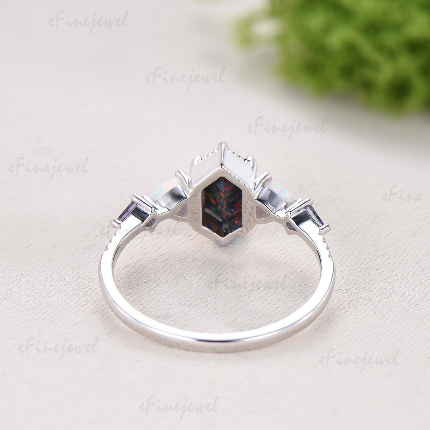 Unique 5X9mm long hexagon black opal engagement ring Five stone triangle white opal kite alexandrite anniversary ring gift for women