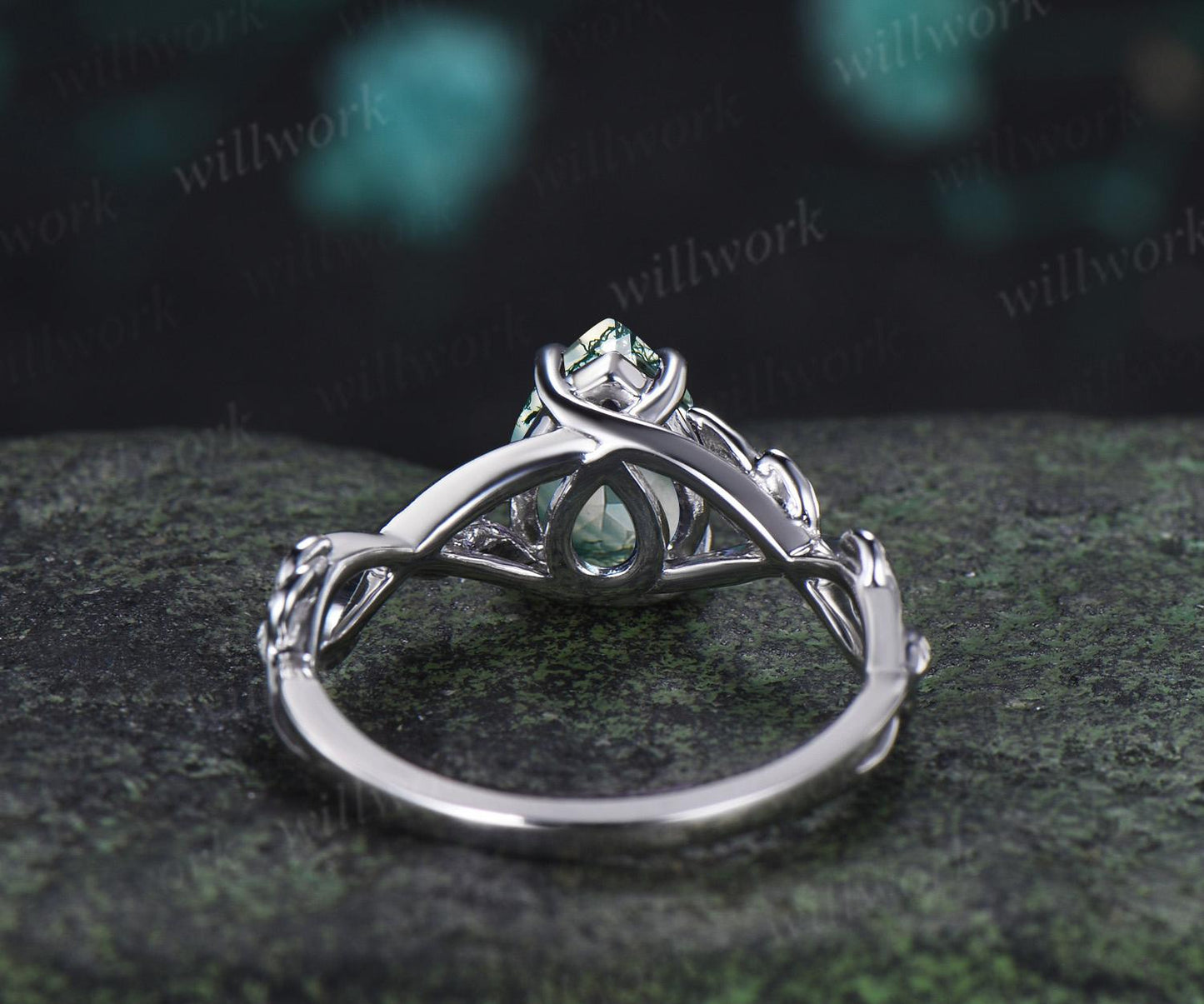 Pear shaped green moss agate engagement ring vintage 14k white gold leaf infinity solitaire wedding ring women silver