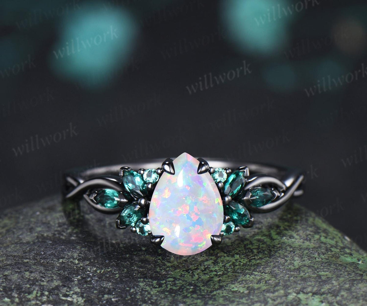 Pear cut white opal engagement ring 14k black gold cluster emerald infinity bridal anniversary ring set gift for women silver