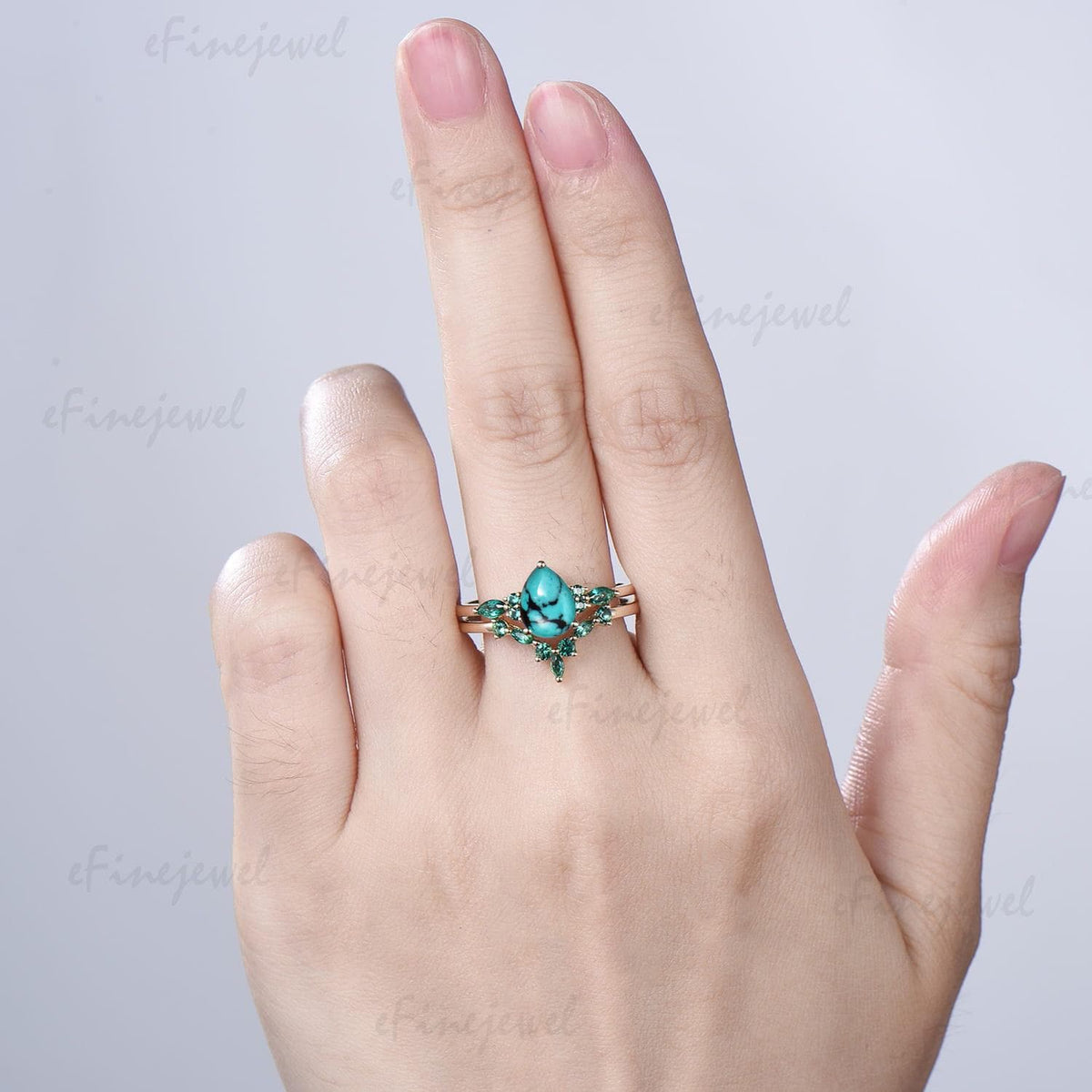Vintage Pear Turquoise Engagement Ring Set, Art Deco Marquise Emerald Wedding Band,14K Yellow Gold Bridal Set