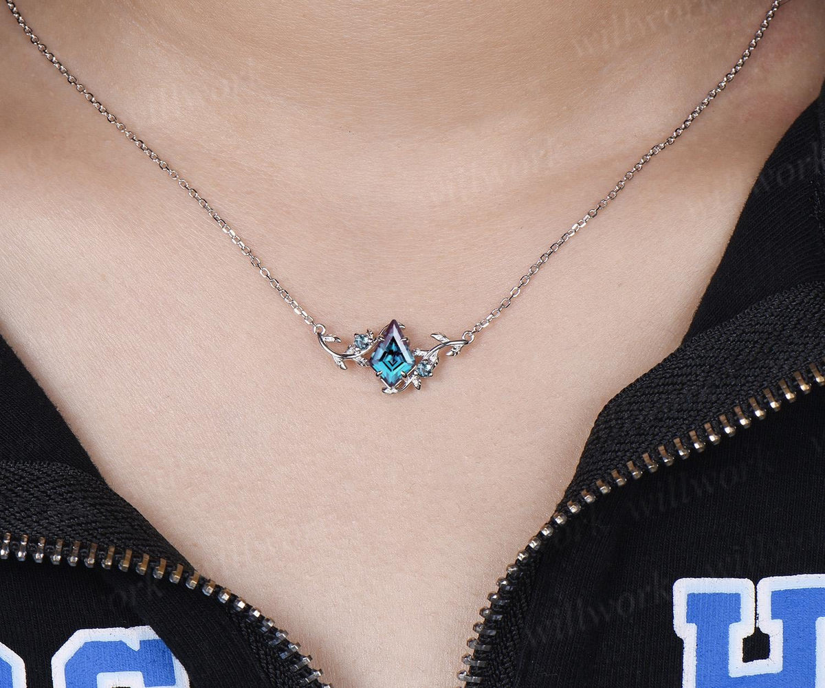 Kite cut alexandrite necklace vintage twisted leaf nature inspired three stone unique pendant women anniversary bridal gift mother