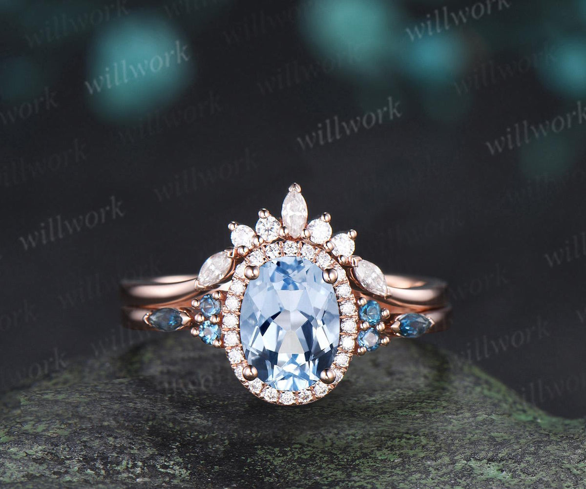 Oval cut aquamarine engagement ring rose gold halo London blue topaz stacking bridal wedding ring set women jewelry