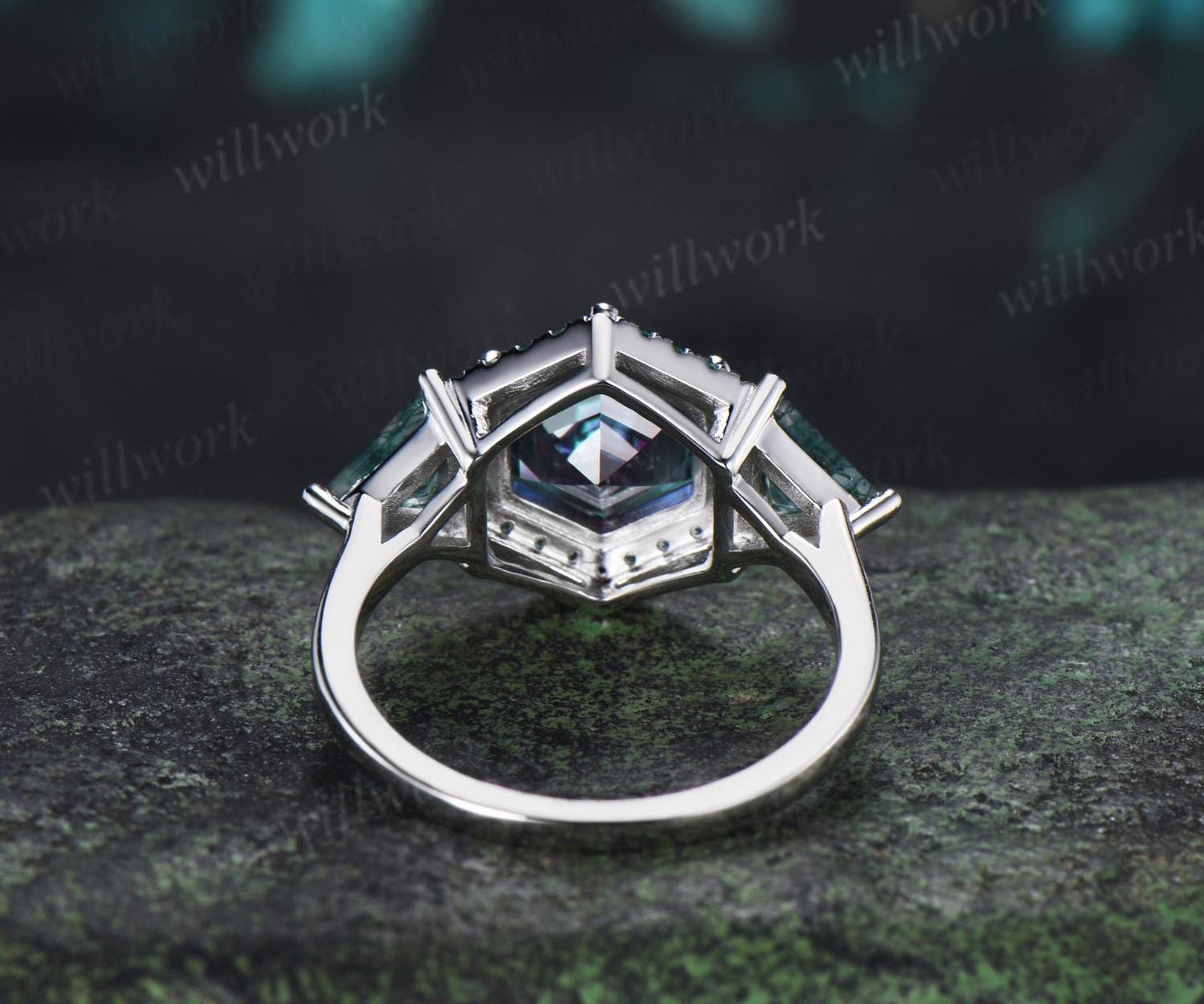 2ct hexagon cut alexandrite engagement ring 14k white gold halo emerald trillion moss agate promise wedding ring women silver