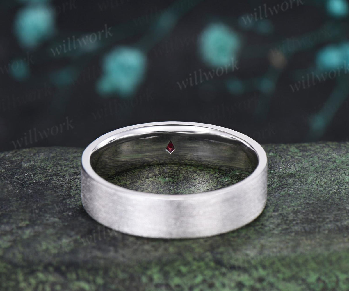 Kite cut red ruby celtic knot wedding band mens brushed bridal ring 14k white gold retro anniversary gift silver
