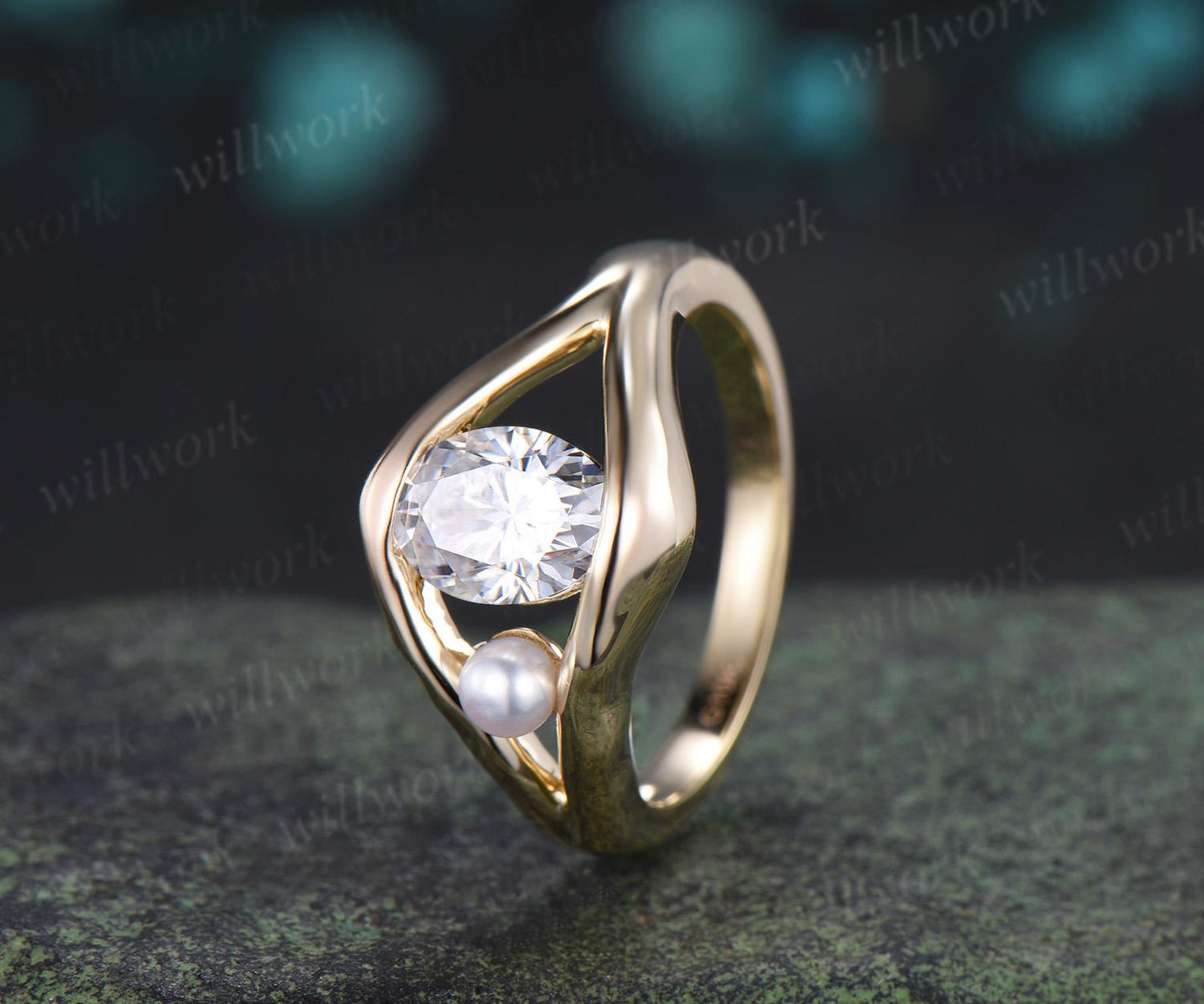Vintage oval cut moissanite pearl unique engagement ring solid 14k yellow gold anniversary wedding ring women gift