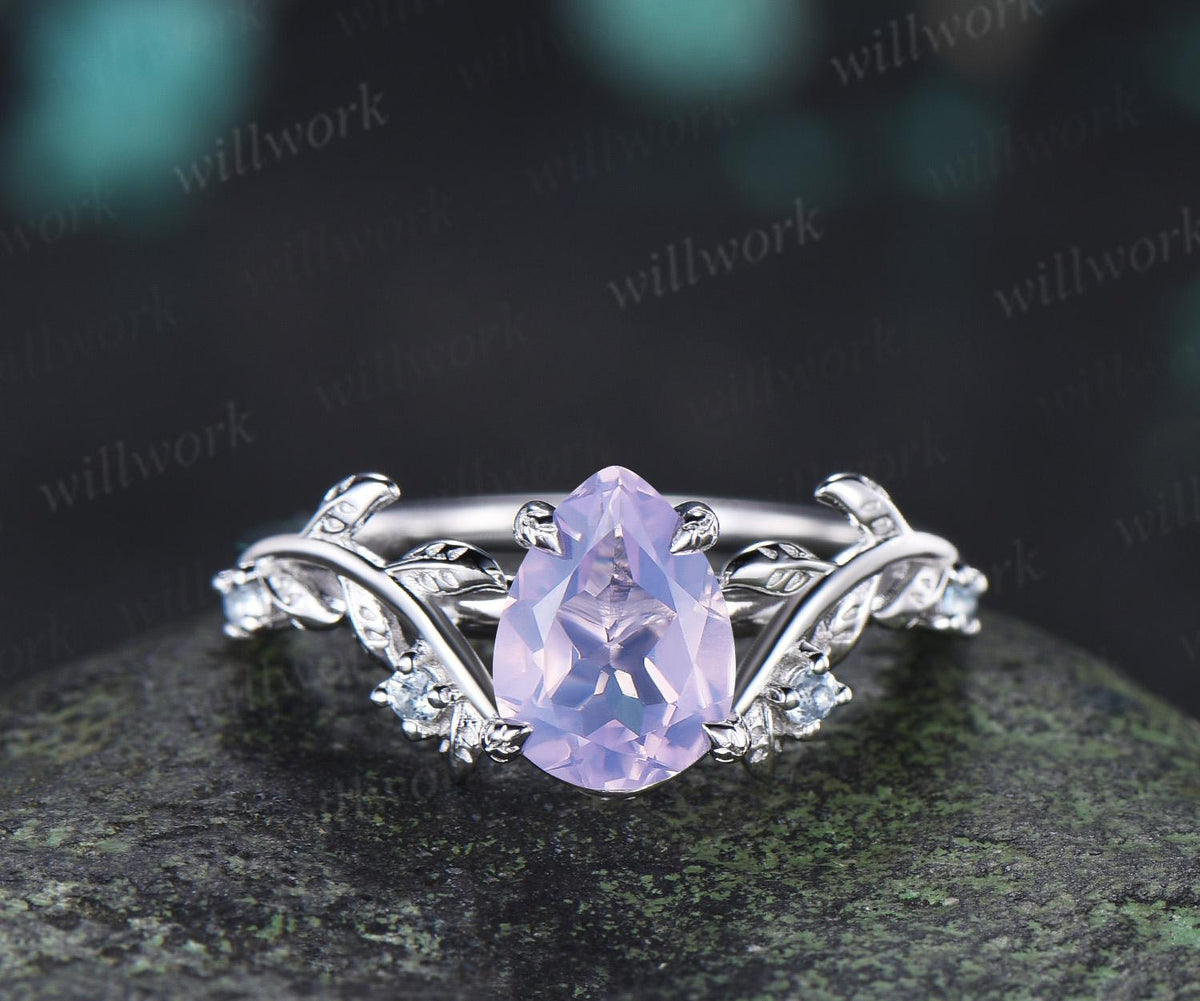 Teardrop pear cut Lavender Amethyst engagement ring 14k white gold cluster leaf nature inspired aquamarine wedding ring set women gift