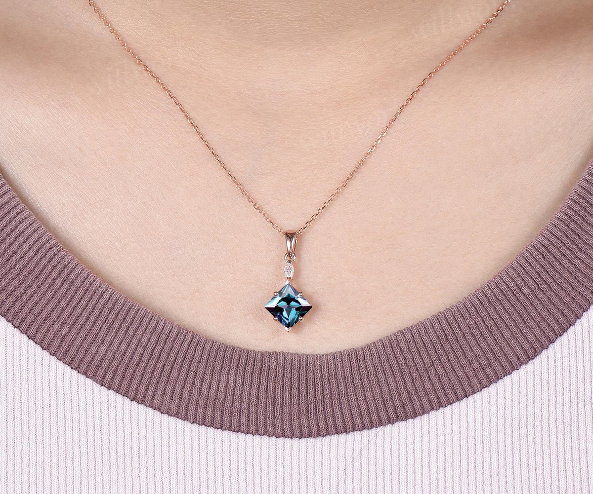 Princess cut alexandrite necklace 14k rose gold two stone marquise moissanite pendant women her gemstone anniversary bridal gift mother