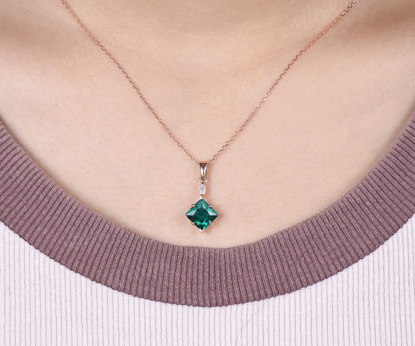 Princess cut green emerald necklace 14k rose gold two stone marquise moissanite pendant women her gemstone anniversary bridal gift mother