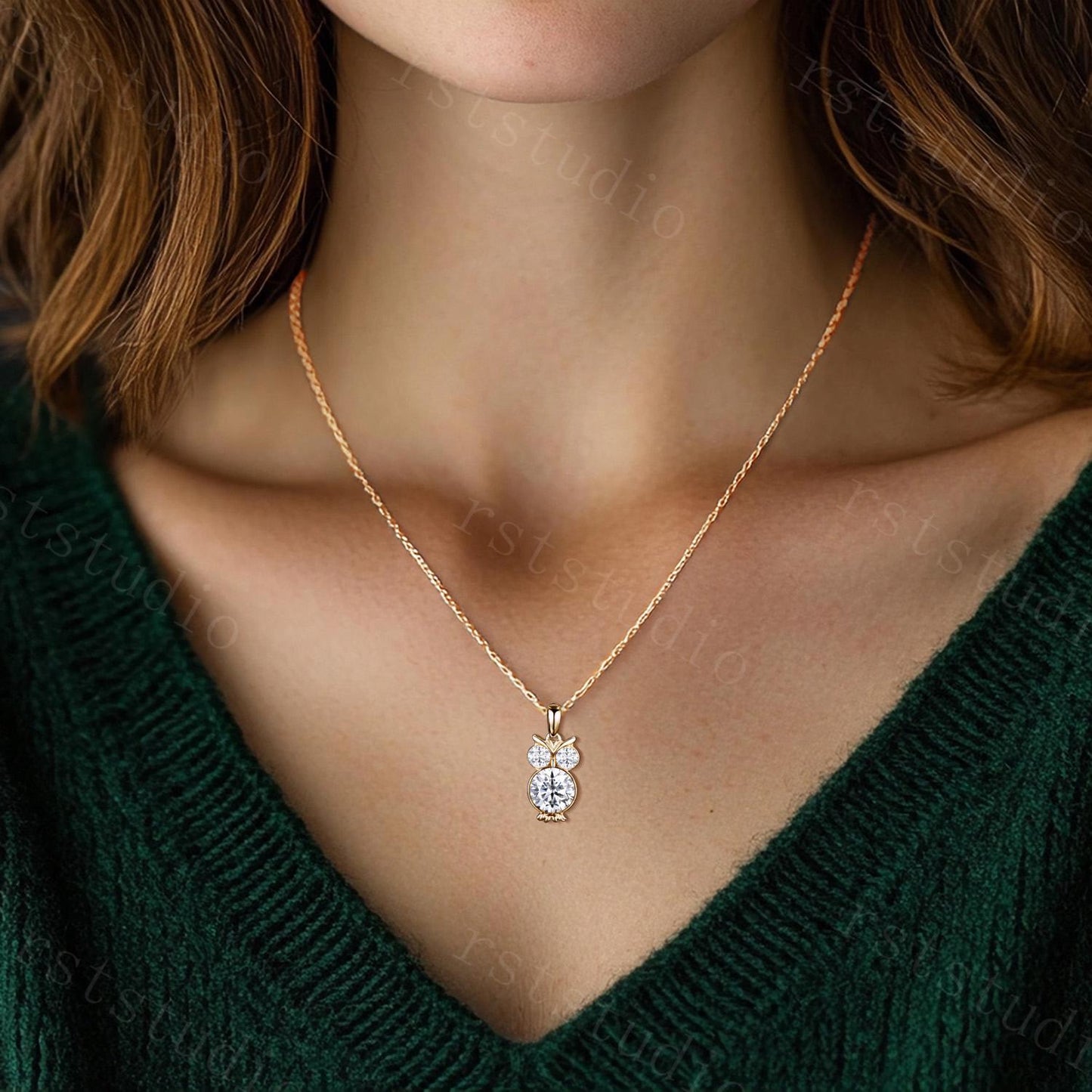 Unique Owl Lab Grown Diamond Necklace, Three Stone Minimalist Moissanite Pendant Neckalce, Art Deco Animal Inspired Wedding Jewelry Women