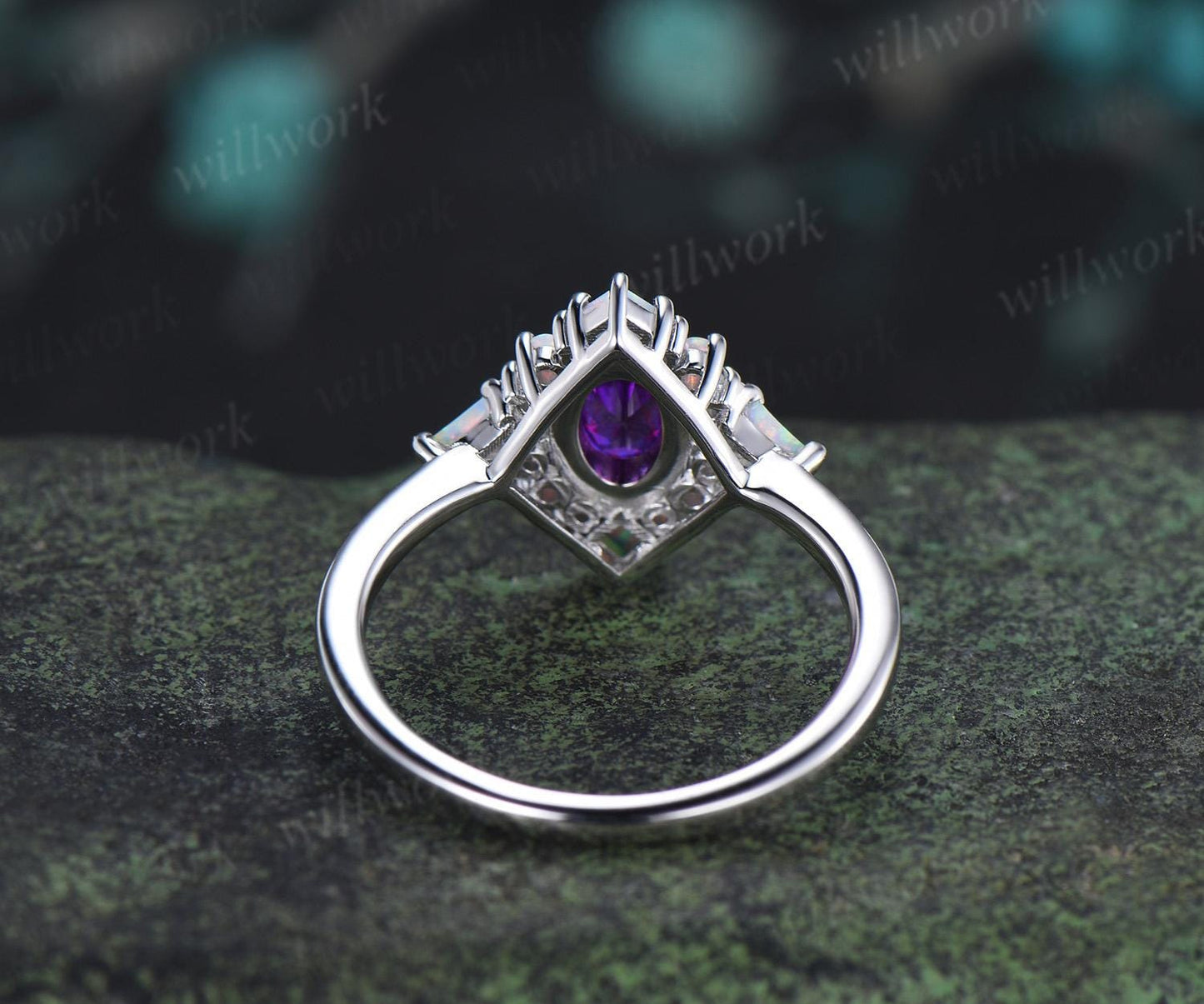 Oval cut amethyst ring vintage white gold halo kite square opal unique engagement ring women wedding anniversary ring gift for her