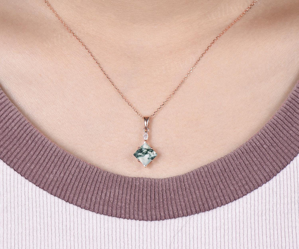 Princess cut moss agate necklace 14k rose gold two stone marquise moissanite pendant women her green gemstone anniversary bridal gift mother