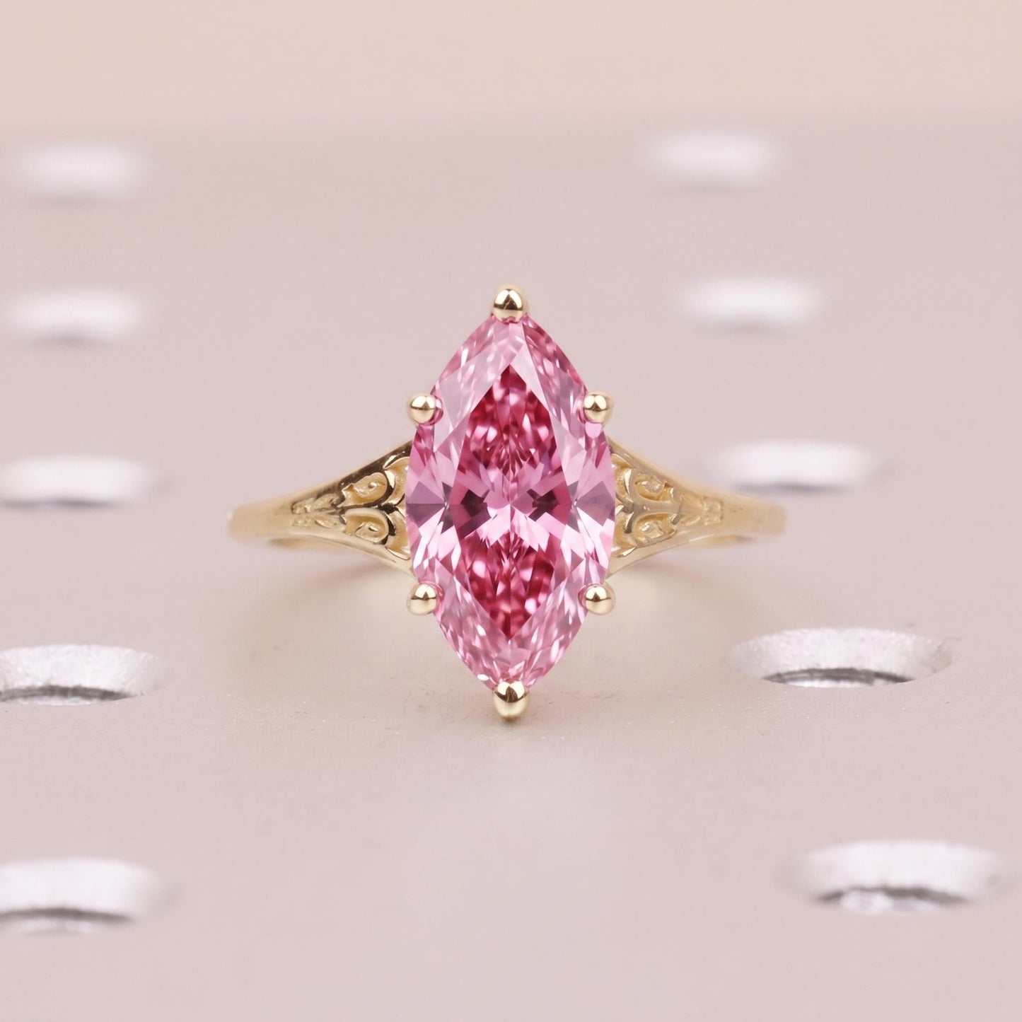 Pink Lab Diamond Custom Engagement Ring | Marquise Cut Victorian Filigree Ring | Gold Heirloom Proposal Ring | Wedding Anniversary Gift